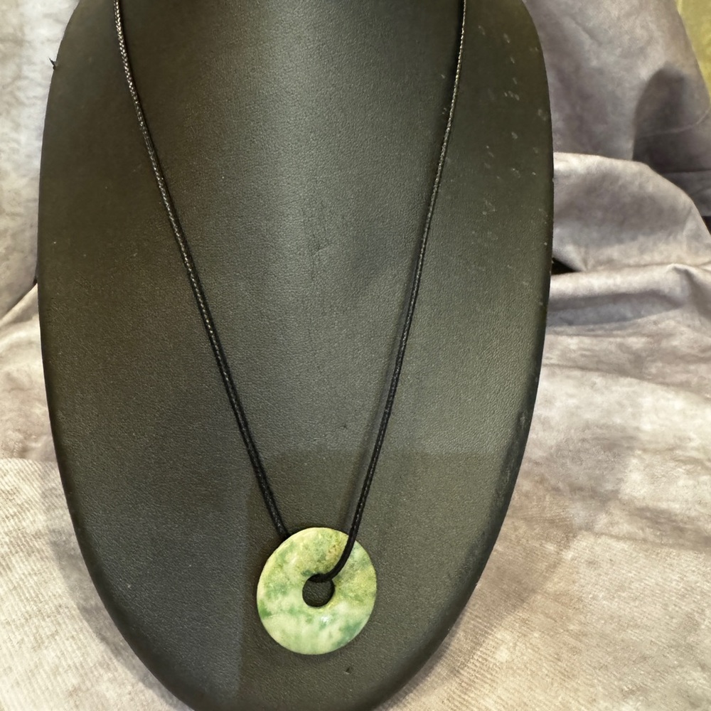 Jade Circle Donut Pendant With Black Leather Cord